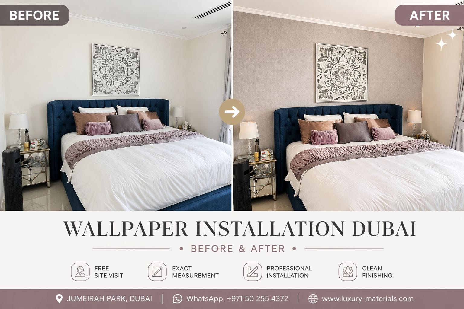 Wallpaper installation Dubai before and after bedroom project by Luxury Materials