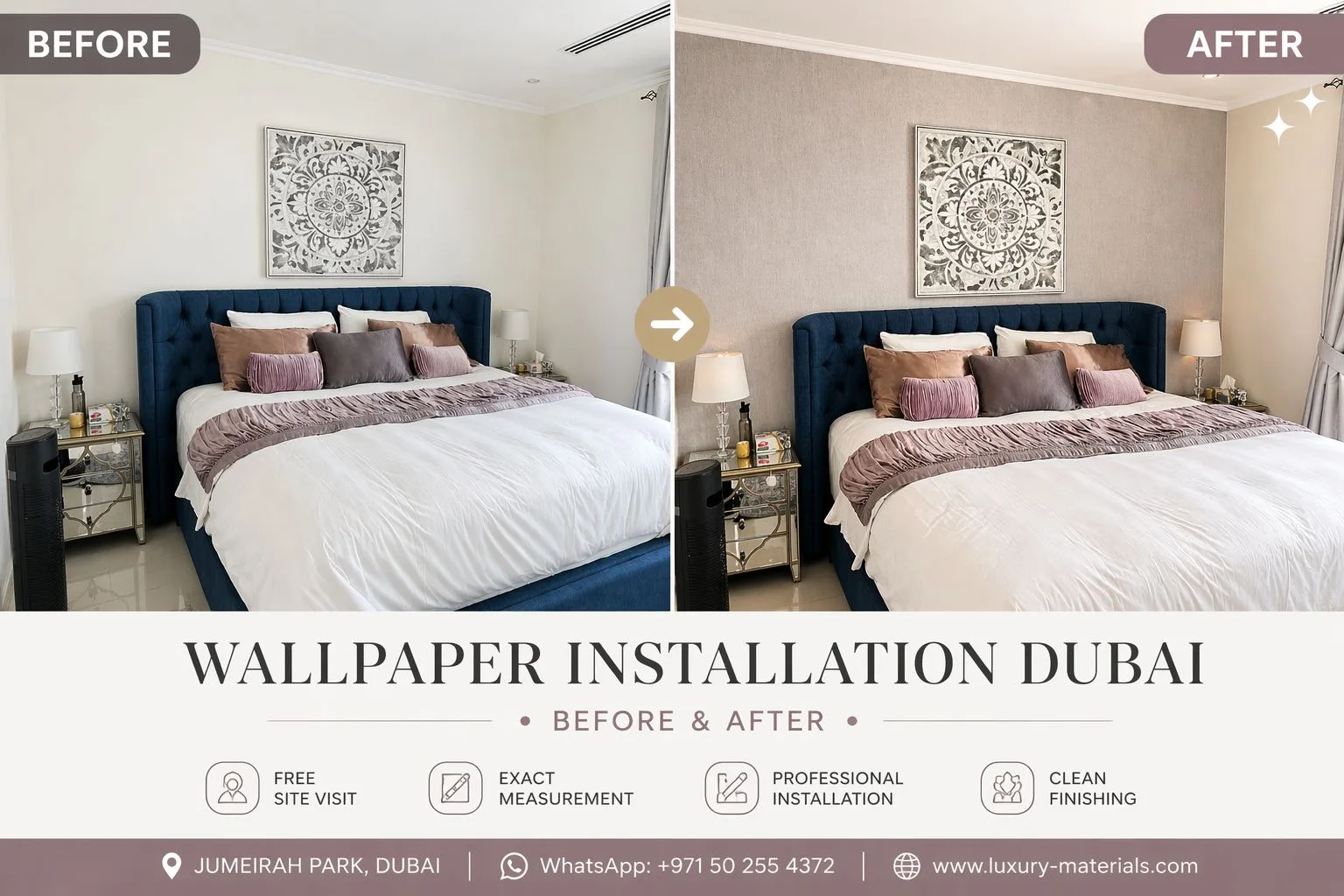 Wallpaper Store Dubai | Luxury Materials 3 Wallpaper installation Dubai before and after bedroom project by Luxury Materials