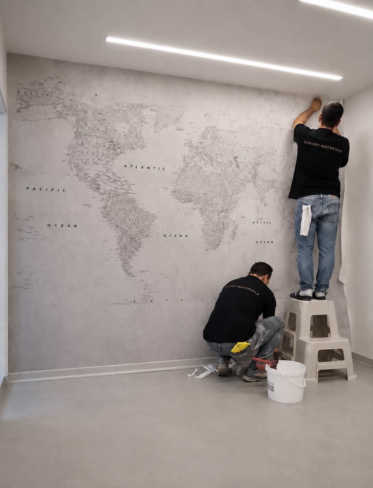 Professional wallpaper installers working on a wall in Dubai