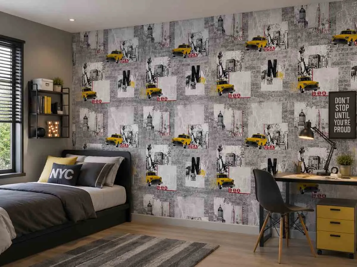 Taxi-themed wallpaper installed in a children's bedroom