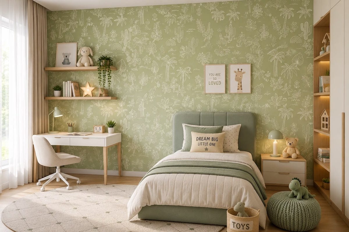 Green kids wallpaper bedroom with botanical pattern in Dubai
