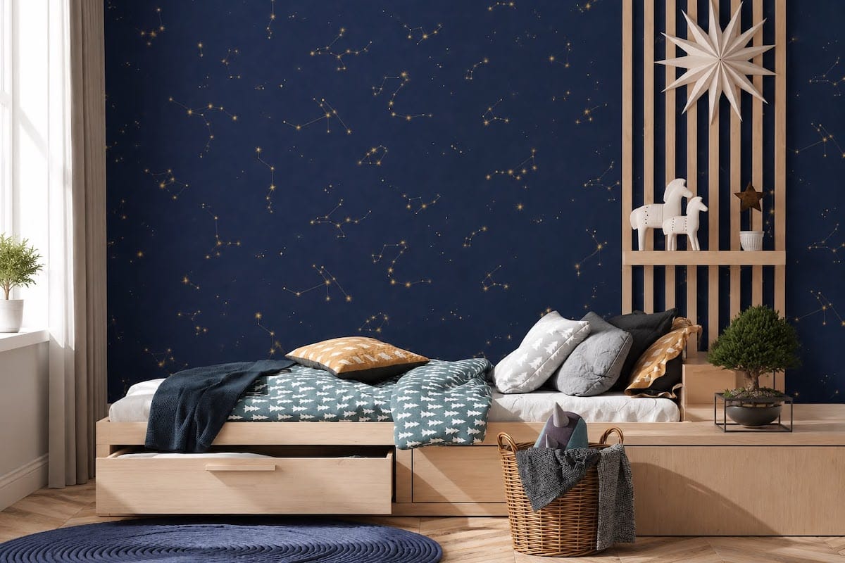 Kids wallpaper Dubai — navy blue constellation design in a children's bedroom